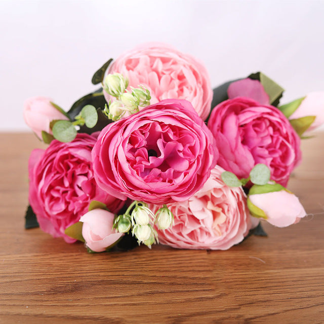 30cm Rose Pink Silk Peony Artificial Bouquet Flowers 5 Big Heads 4 Small Bud Bride Wedding Home Decoration Fake Flowers Faux