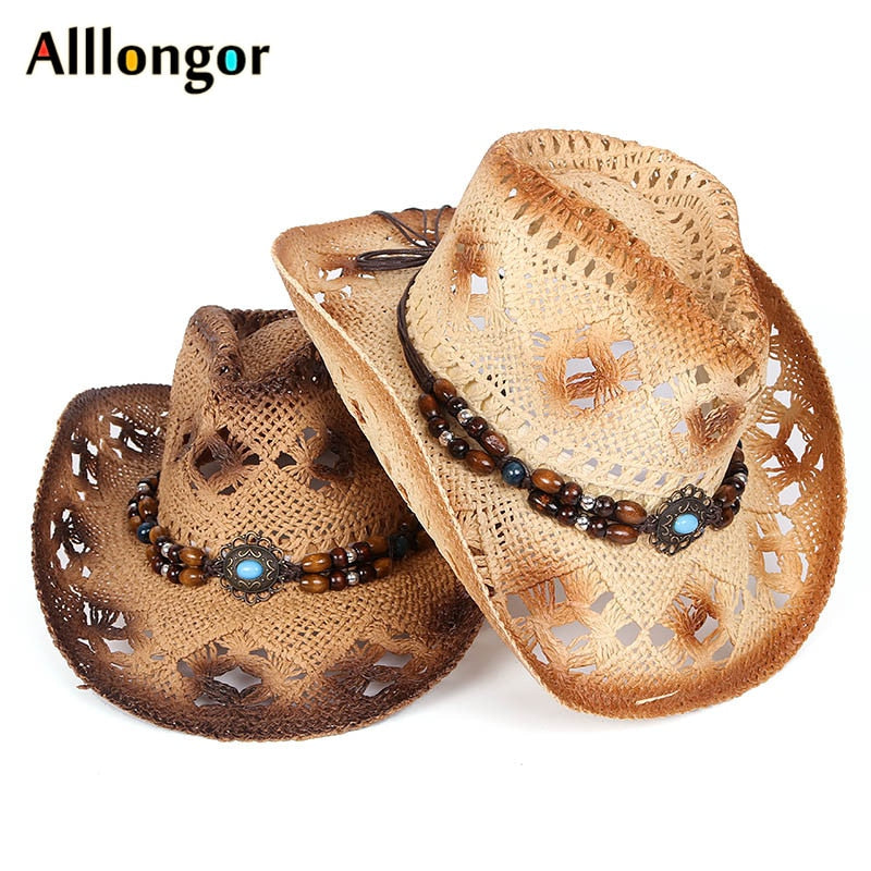 Men's Cowboy Hat Women Retro Vintage Turquoise Leather Strap Cowboy Cowgirl Caps Western Summer Sun Hat