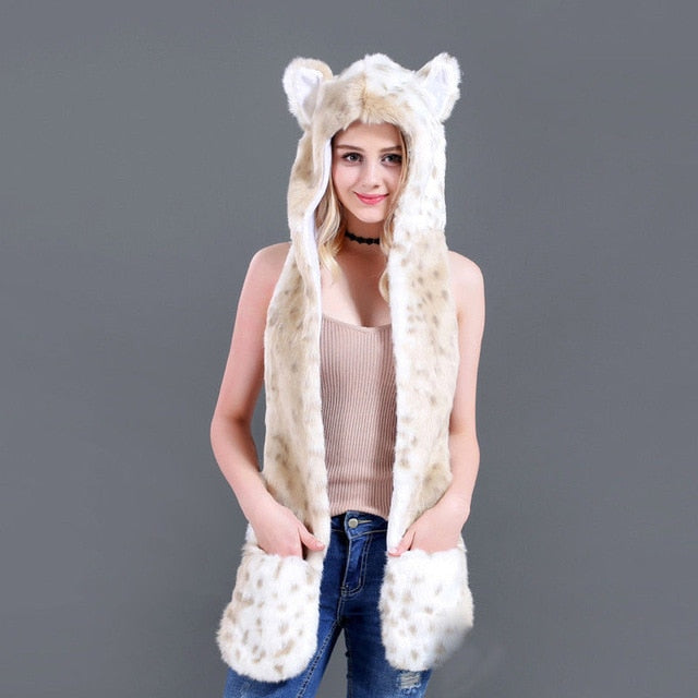 10 Styles Faux Fur Hood Animal Hat Ear Flaps Hand Pockets 3 in1 Animal Hat Wolf Plush Warm Earmuff Animal Cap with Scarf Gloves