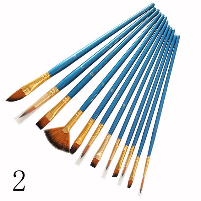 12Pcs Nylon Art Brushes Watercolor Painting Brush Variety Style Wooden Handle Oil Acrylic Painting Brush Pen Art Supplies