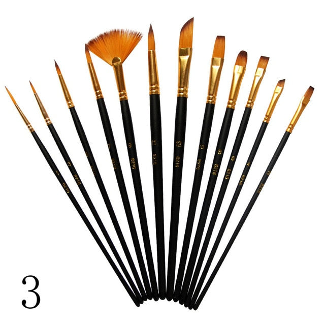 12Pcs Nylon Art Brushes Watercolor Painting Brush Variety Style Wooden Handle Oil Acrylic Painting Brush Pen Art Supplies