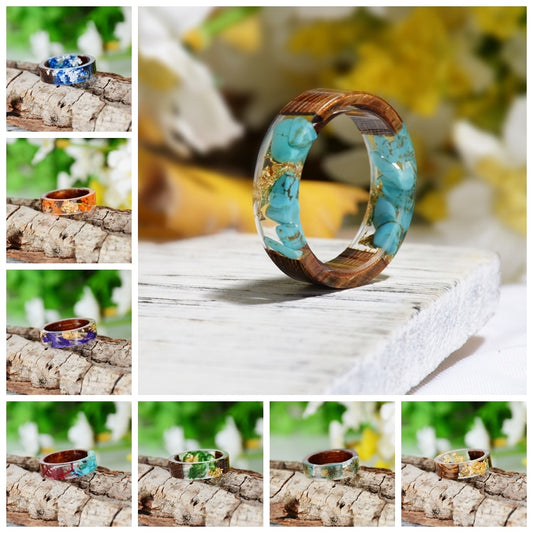 Unisex Handmade Wood Resin Ring Dried Flowers Plants Inside Jewelry Resin Ring Transparent Anniversary Every Day Ring