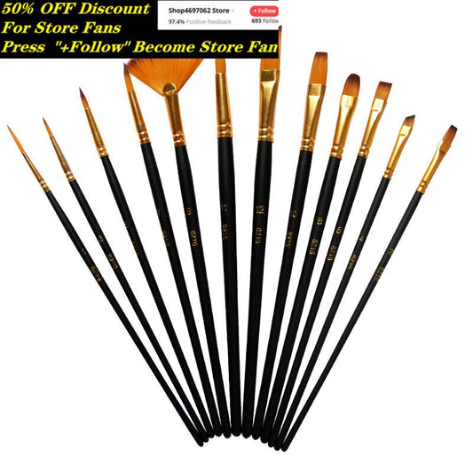 12Pcs Nylon Art Brushes Watercolor Painting Brush Variety Style Wooden Handle Oil Acrylic Painting Brush Pen Art Supplies