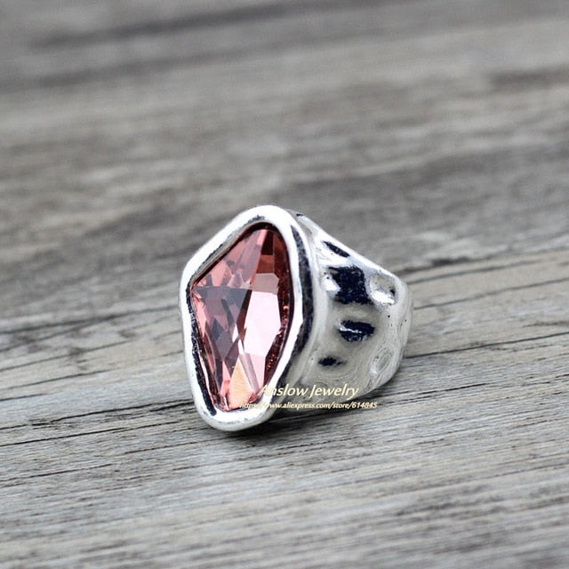 Original Vintage Anslow Design Fashion Jewelry Irregular Large Cut Gem Silver Ring Great Affordable Style Pink Blue Grey Color Stone