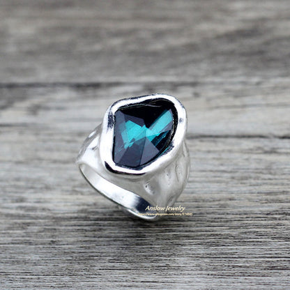 Original Vintage Anslow Design Fashion Jewelry Irregular Large Cut Gem Silver Ring Great Affordable Style Pink Blue Grey Color Stone