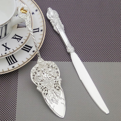 2pcs Wedding Cake Knife Set Classic Silver Plated Birthday Baroque Cake Server Silverware Kitchen Pizza Turner Cutlery 9.25''