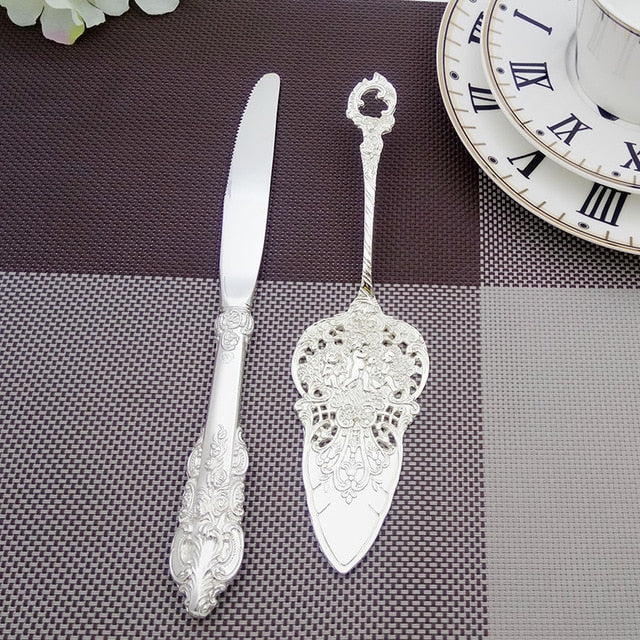 2pcs Wedding Cake Knife Set Classic Silver Plated Birthday Baroque Cake Server Silverware Kitchen Pizza Turner Cutlery 9.25''