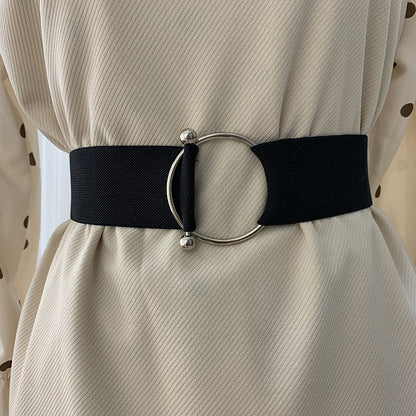 Black Belts for Women Simple Round Buckle Decoration Waist Ladies Band Fashion Dress Rice White