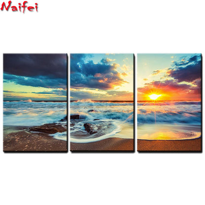 Multi Panel 3-Panel Seascape Sunset Clouds Seaside5D Rhinestone Paintings DIY Full Drill Select Square Round Diamonds Arts Crafts Embroidery Inlay Diamond Paintings Home Decoration