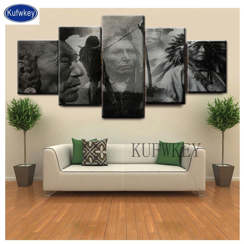 Multi Panel 5pcs American Indian people Rhinestone mosaic Diamond Embroidery primitive black white wall art Diamond Painting Cross Stitch Full Round