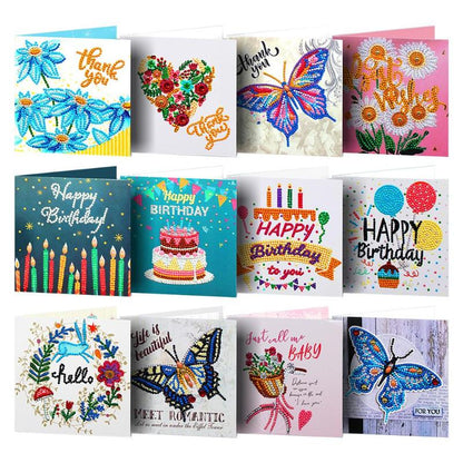 12-pcs DIY Diamond Painting Cards Birthday Card Thanksgiving Cards Butterfly Flower Cross Stitch Crafts Gifts