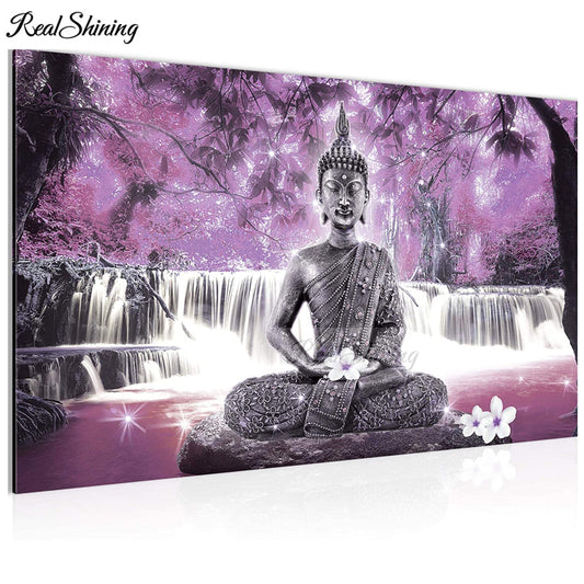 Wide-panel Buddha Waterfall Landscape 5D Diamond Painting Kits for Kids/Adults Full Drill Crystal Rhinestone Diamond Embroidery Art Kits for Home Wall Decor