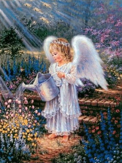 5D Diamond Painting Little Angel Watering Flowers Cross Stitch Full Square Diamond Embroidery Girl Rhinestone Mosaic Home Decor Gift