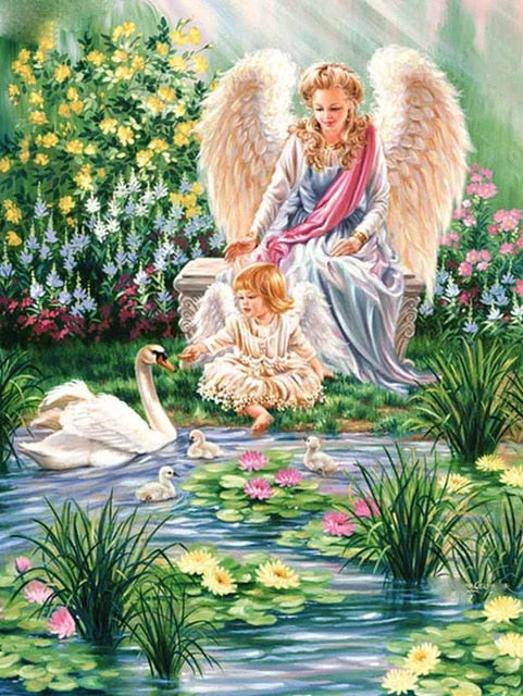 Angel and Daughter Feed Swan 5D Diamond Painting Kits Round or Square Full Drill Acrylic Diamonds Embroidery Cross Stitch for Men or Women Décor