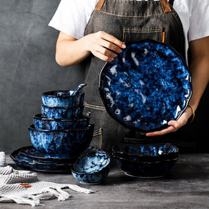 Creative Japanese Retro Blue Dishes Ceramic Dinner Plates And Bowls Kiln Changed Tableware Dinnerware Pick and Choose Set