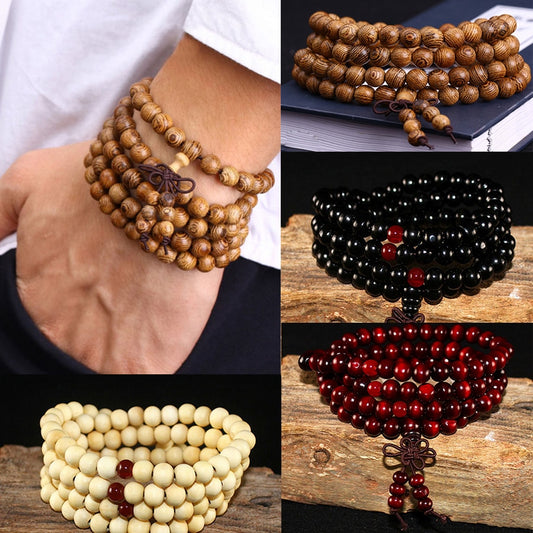 6mm Natural Sandalwood Buddhist Buddha Wood Prayer Beaded Knot Black Ebony Tan Unisex Men Bracelets & Bangles for Women