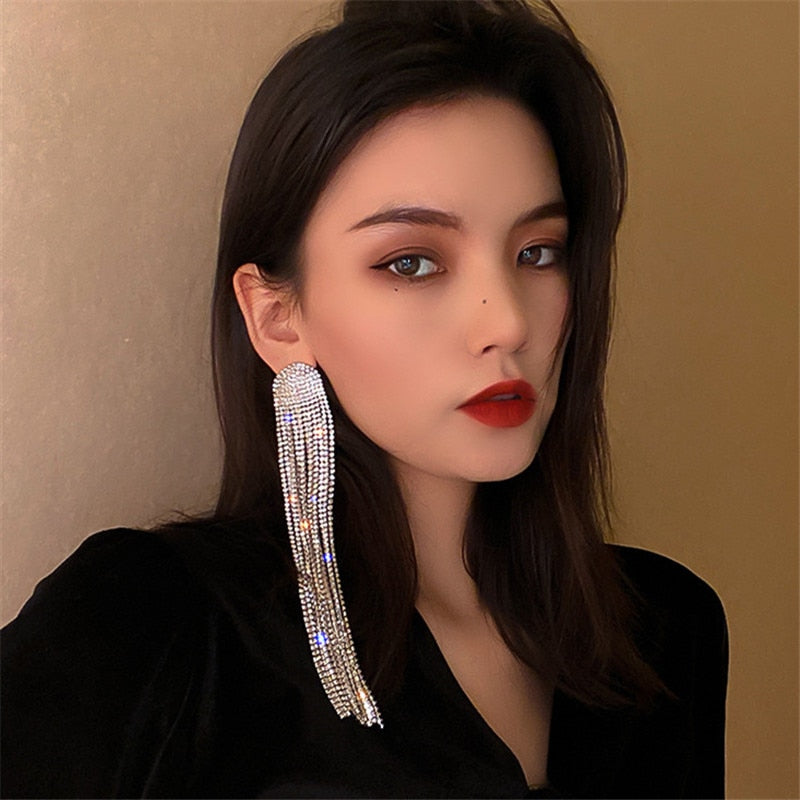 Long Tassel Full Rhinestone Drop Earrings for Women Oversize Crystal Dangle Earrings Fashion Jewelry Accessories