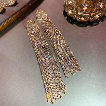 Long Tassel Full Rhinestone Drop Earrings for Women Oversize Crystal Dangle Earrings Fashion Jewelry Accessories