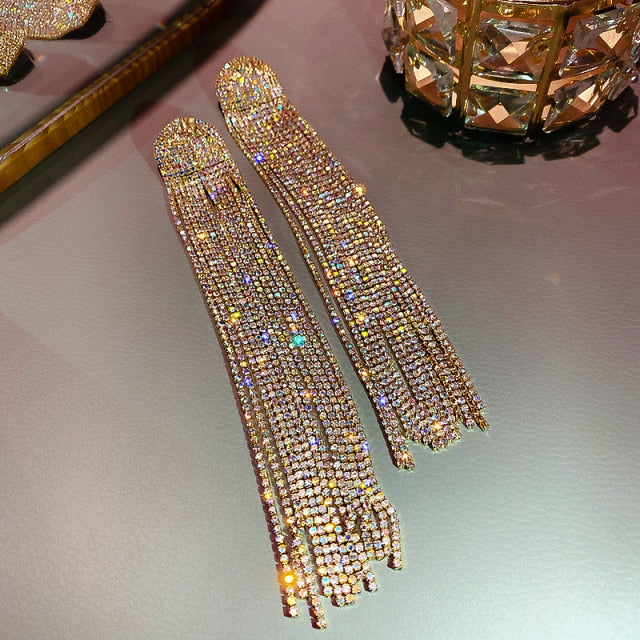 Long Tassel Full Rhinestone Drop Earrings for Women Oversize Crystal Dangle Earrings Fashion Jewelry Accessories