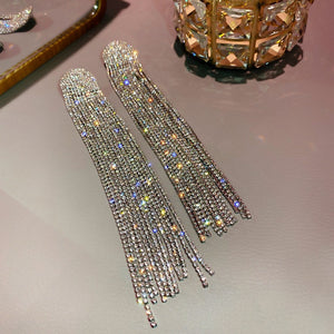 Long Tassel Full Rhinestone Drop Earrings for Women Oversize Crystal Dangle Earrings Fashion Jewelry Accessories