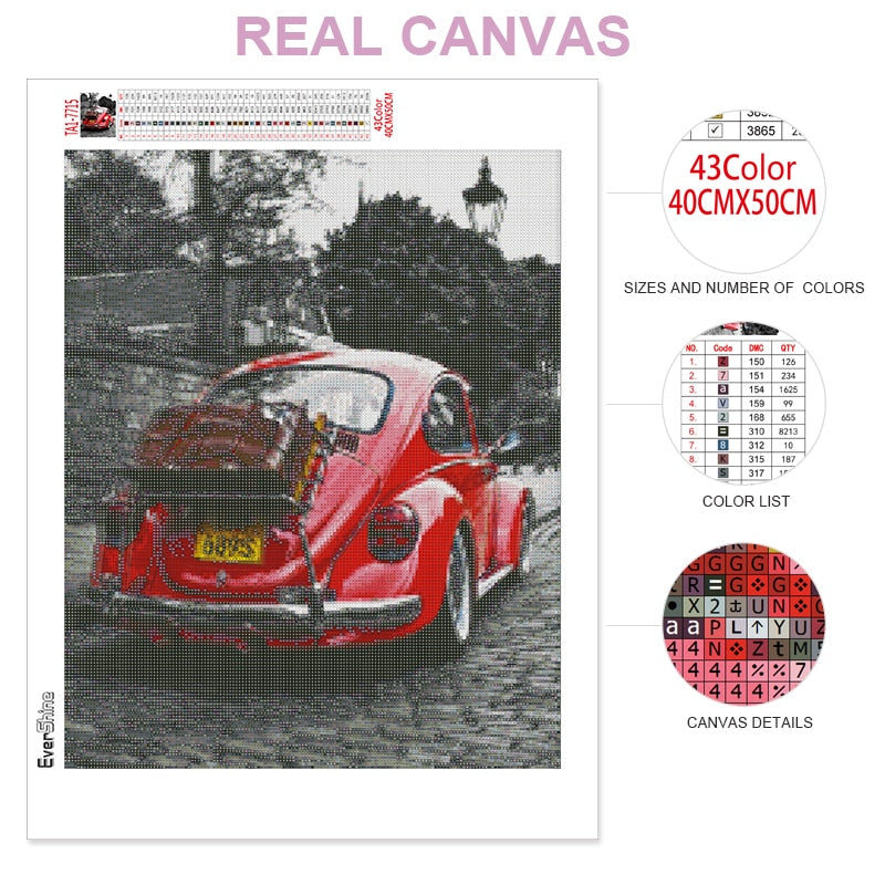 Red Volkswagen Bug 5D DIY Diamond Painting Kits for Adults Drill Kit Gem Art Crafts for Women Men Rhinestone Embroidery Arts Craft Home Décor