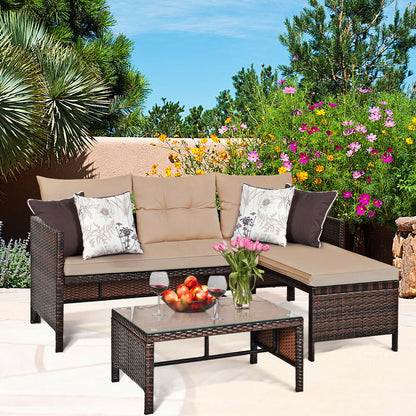 3PCS Patio Wicker Rattan Sofa Set Outdoor Sectional Conversation Set Garden Lawn Deck Furniture Rattan Set