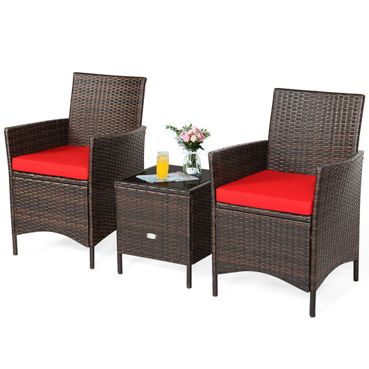 3PC Patio Rattan Furniture Set Cushioned Sofa Glass Tabletop Deck Red/Blue Deck Chairs Small Table Cushion