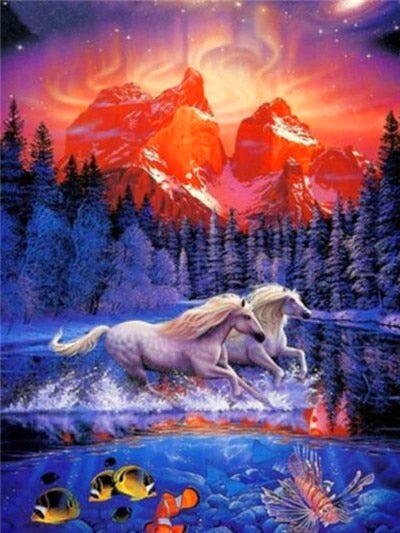 White Horses Mountains 5D DIY Animal Diamond Painting Full Drill 3D Square/Round Diamond Embroidery Cross Stitch Home Decor Diamond Art