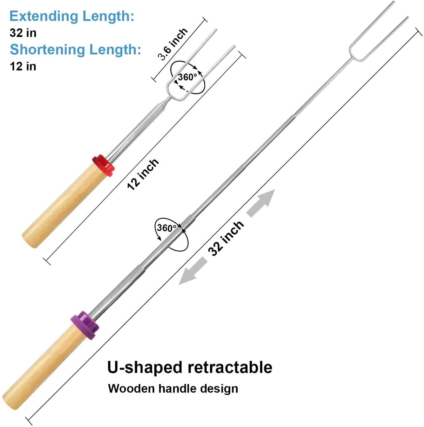 32" 6PC BBQ Roasting Sticks Camping Cookware Stainless Steel BBQ Marshmallow Extending Roaster Telescoping Forks for Kids