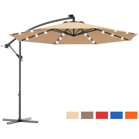 10' Hanging Solar LED Umbrella Patio Sun Shade Offset Market W/Base Lighted Patio Furniture Portable