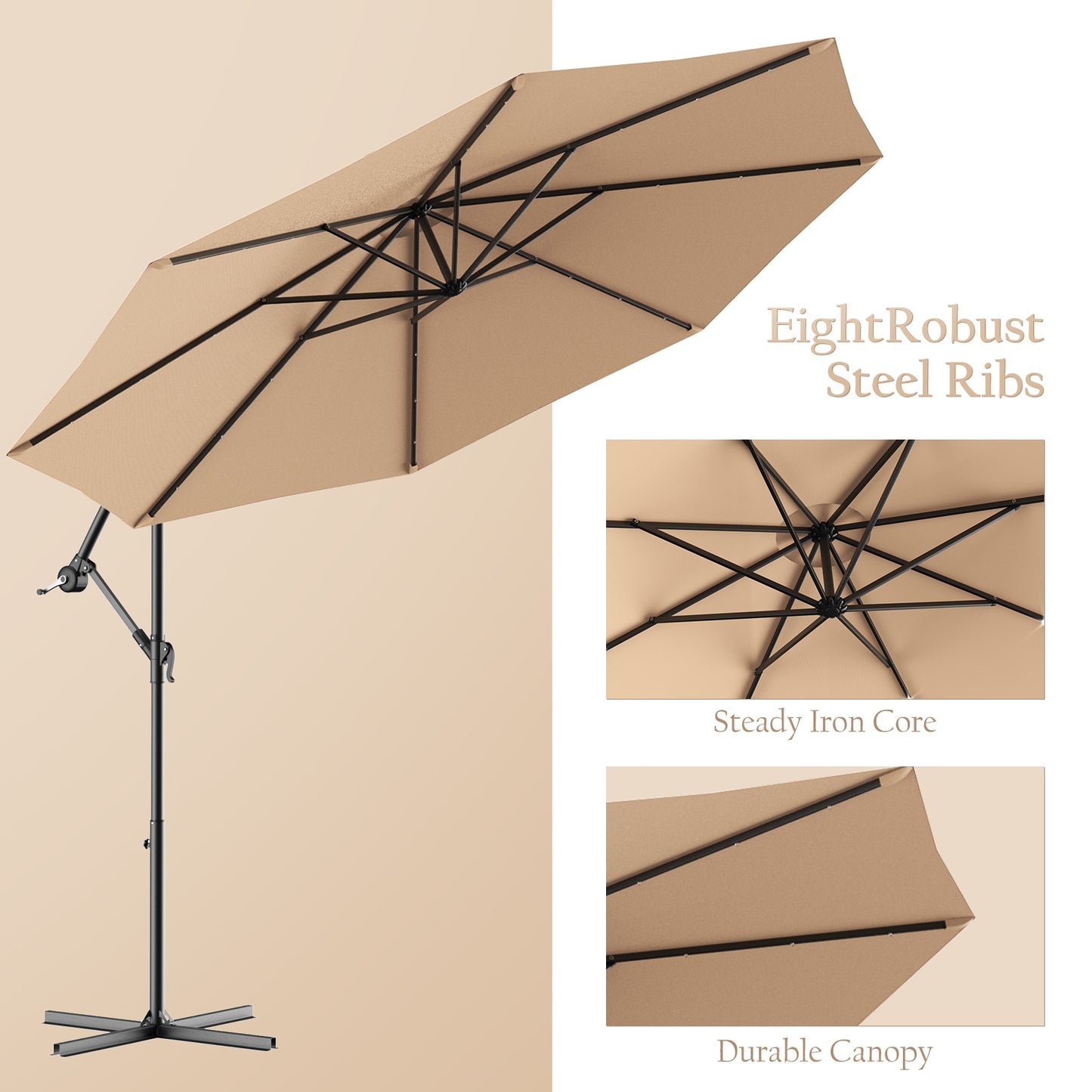 10' Hanging Solar LED Umbrella Patio Sun Shade Offset Market W/Base Lighted Patio Furniture Portable