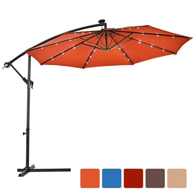 10' Hanging Solar LED Umbrella Patio Sun Shade Offset Market W/Base Lighted Patio Furniture Portable