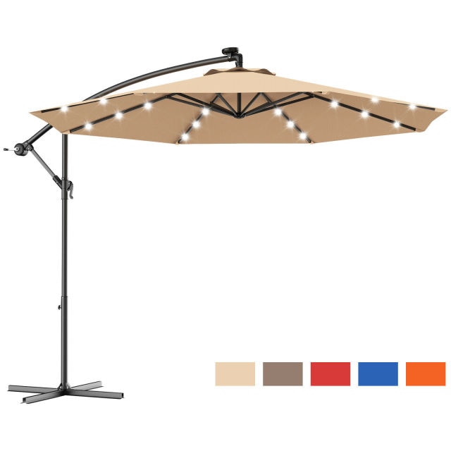 10' Hanging Solar LED Umbrella Patio Sun Shade Offset Market W/Base Lighted Patio Furniture Portable