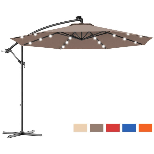 10' Hanging Solar LED Umbrella Patio Sun Shade Offset Market W/Base Lighted Patio Furniture Portable