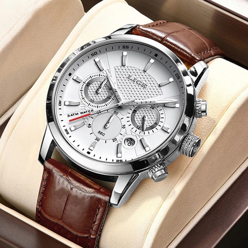 Mens Watches LIGE Top Brand Leather Chronograph Waterproof Casual Automatic Date Quartz Watch For Men Makes A Great Gift